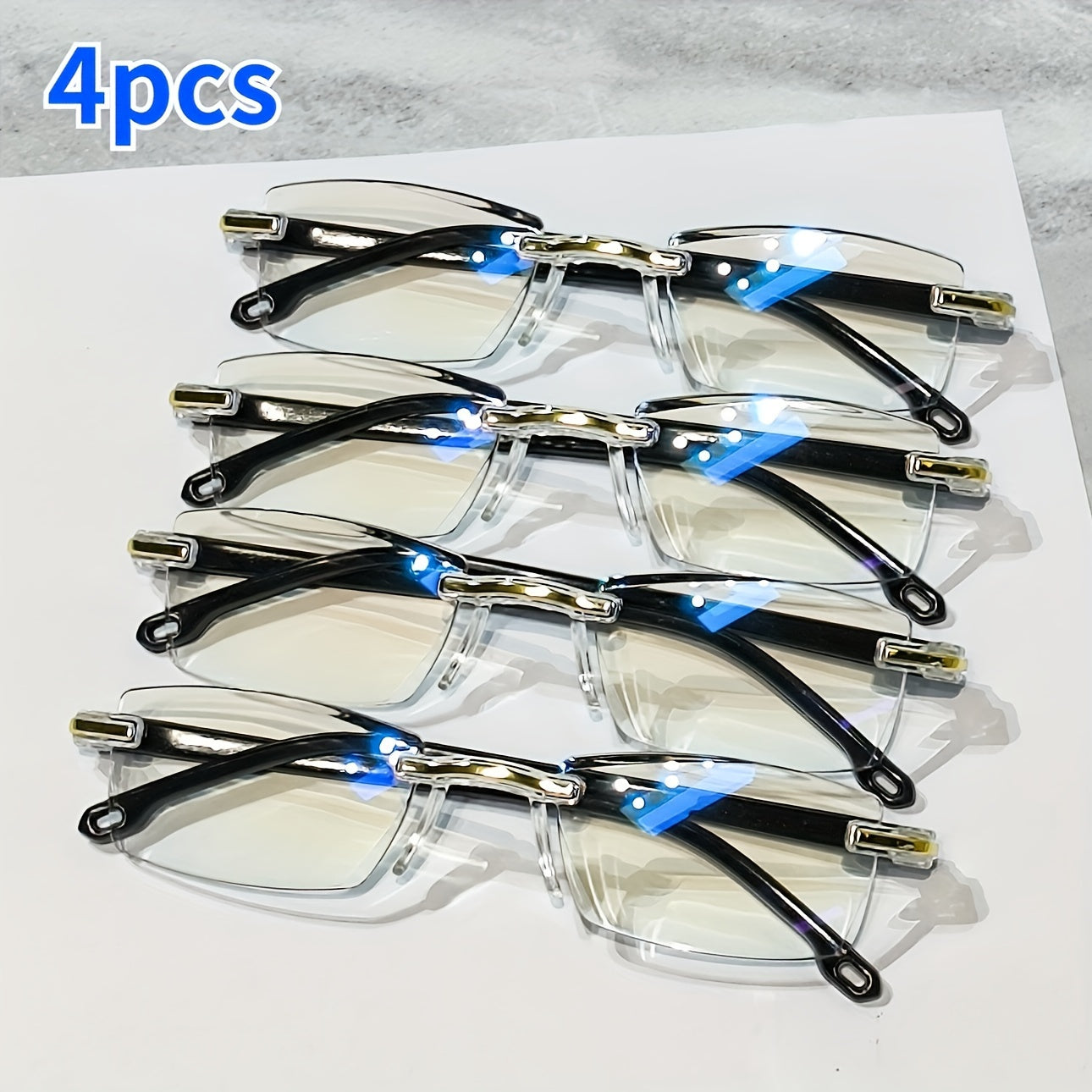 4 Rimless Blue Light Blocking Reading Glasses for Men and Women, designed to reduce eyestrain.