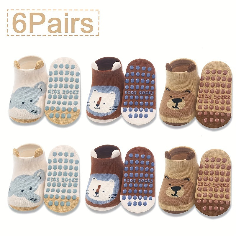 6 pairs of cute cartoon animal cotton blend non-slip kids socks with grip dots, perfect for all seasons.