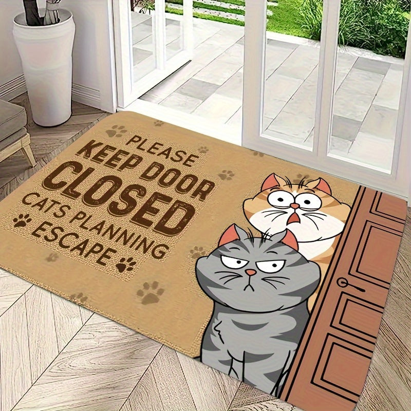 Whimsical Cat Welcome Indoor Doormat - Anti-Slip, Stain-Resistant Polyester Mat featuring "Please Keep Door Closed" Humor. Low Pile, Easy to Clean with Machine Washable for Home Decor