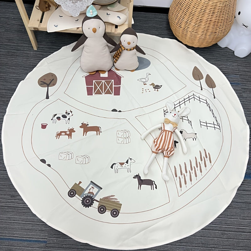 Circular Farm-Themed Baby Playmat made of Polyester Fiber, Easily Washable Multi-Purpose Play Mat suitable for 0-3 Years old, ideal for Crawling and Activity Gym