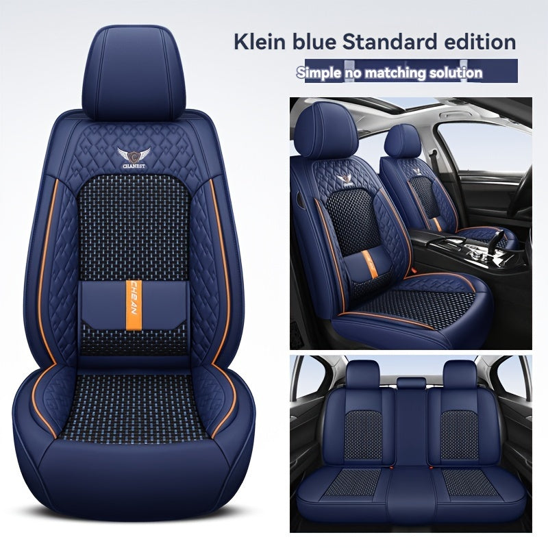 Luxury car seat covers for 5-seat cars in navy blue with orange accents. Made of breathable mesh and PU leather for maximum comfort. Ergonomic contour fit. Includes headrest. Vehicle