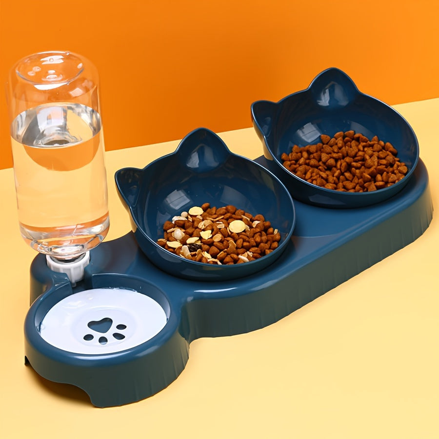 Triple cat bowl set with automatic water dispenser, tilted and rotatable design, includes food, water, and snack bowls in durable plastic - perfect for cats.