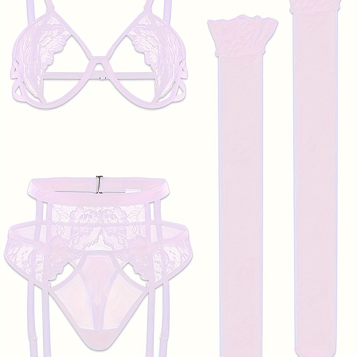 4-piece lingerie set features lace detailing, sexy panties, see-through stockings, and detachable garters with steel rings.