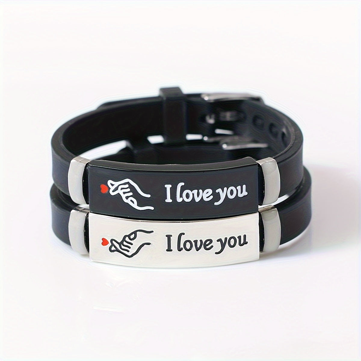 Pair of 2 Glow-in-the-Dark Silicone Couple Bracelets Featuring Hand Heart Gesture