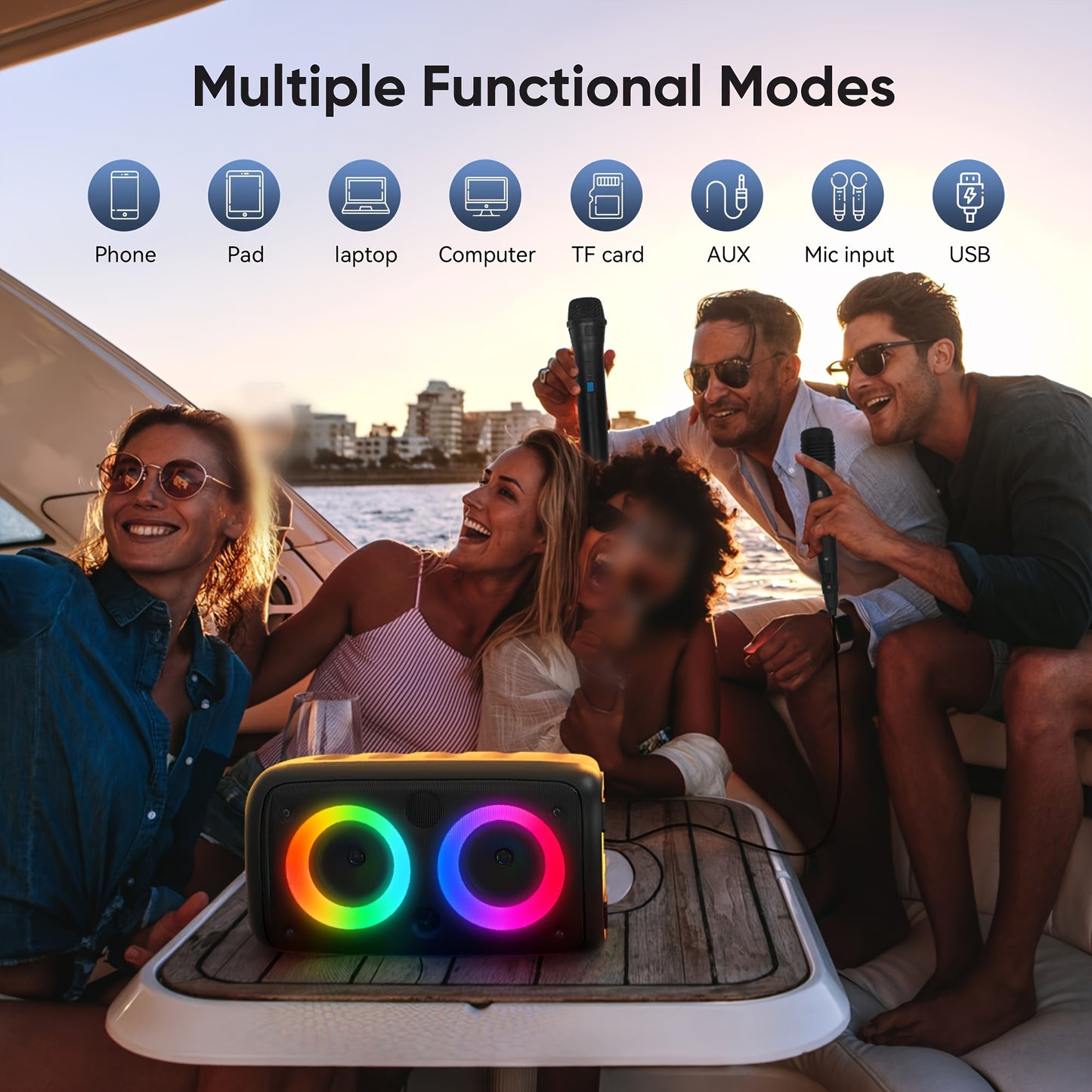 MOKiN Portable Wireless Speaker with Subwoofer, Microphone, Dual 10W Speakers, RGB Party Lights, FM Radio, 2400mAh Battery, Tws Pairing, TF Card Slot - Ideal for Home and Outdoor Events