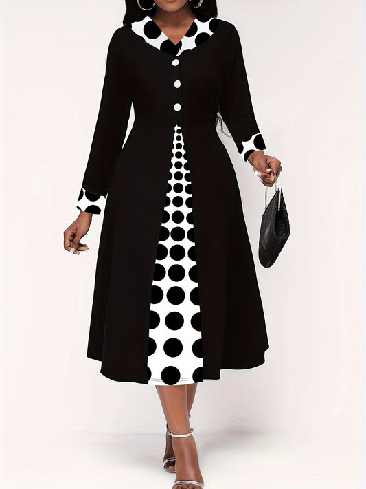 Stylish polka dot midi dress for women with V-neck, stretch fabric, and machine washable, ideal for all seasons.