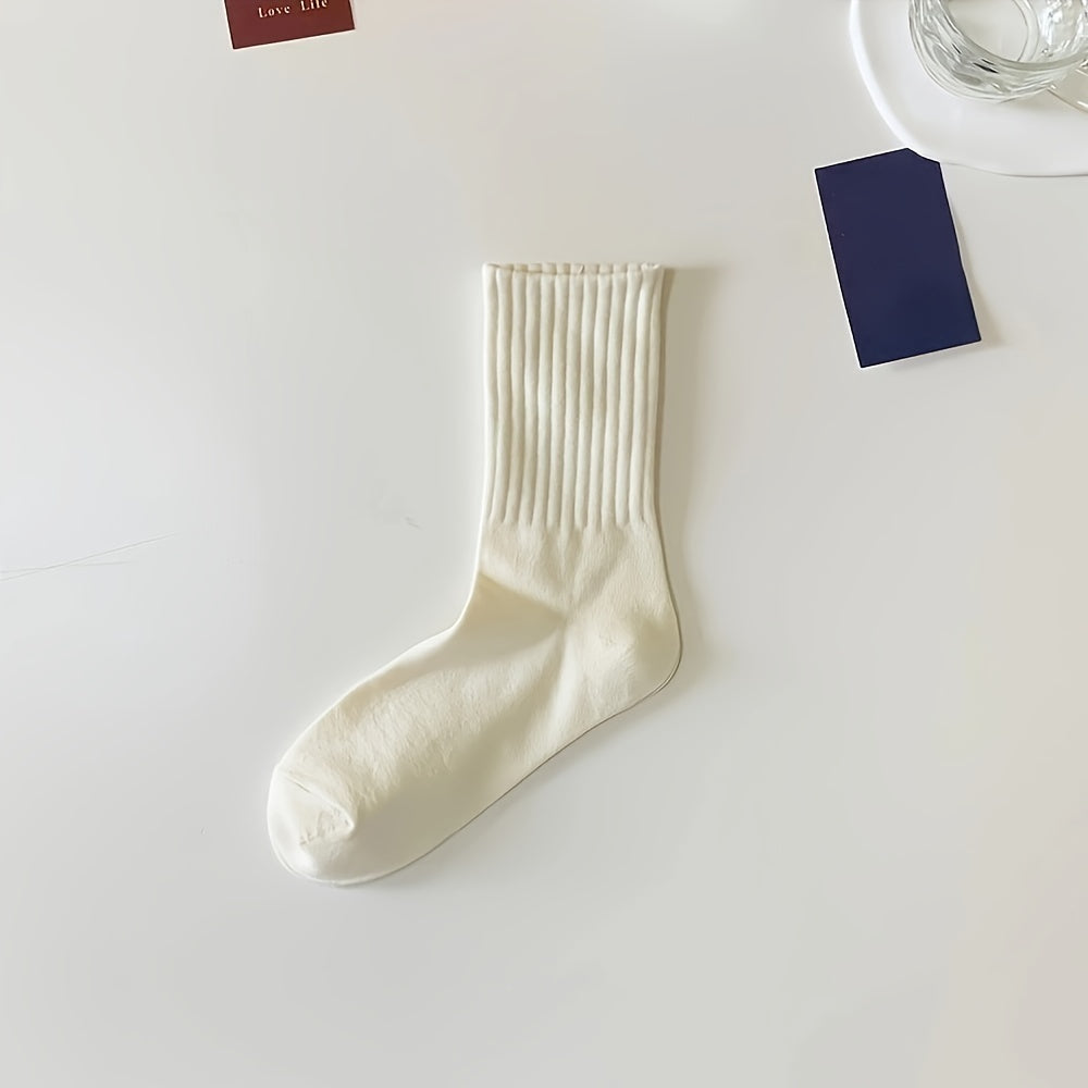 5 pairs unisex plain color crew socks, versatile and breathable for casual or sports wear.