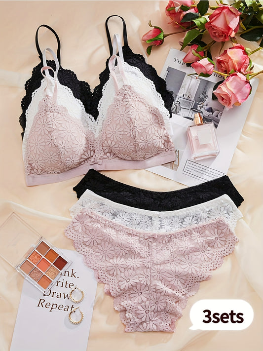 3-piece floral lace bra and panty set with romantic triangle cup bra and scalloped panties.