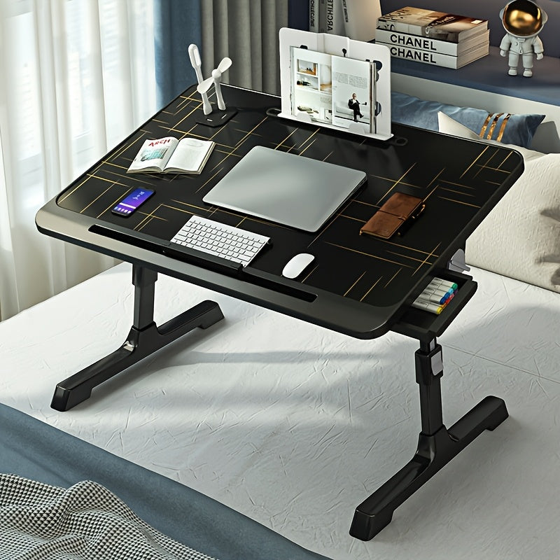 Adjustable overbed laptop desk with foldable legs and storage drawer for home and office use.