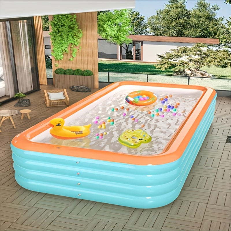 Large inflatable swimming pool for family use in outdoor areas, with multiple components for fun water parties.