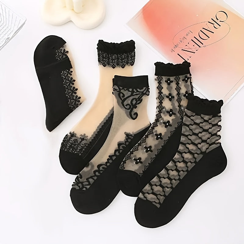 5 pairs of women's thin mid-calf crystal socks with skin-colored bottoms ideal for summer. Featuring glass embroidery, wear-resistant, breathable, and non-slip design.