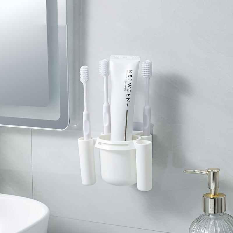 Wall-mounted toothbrush holder for bathroom storage and organization.