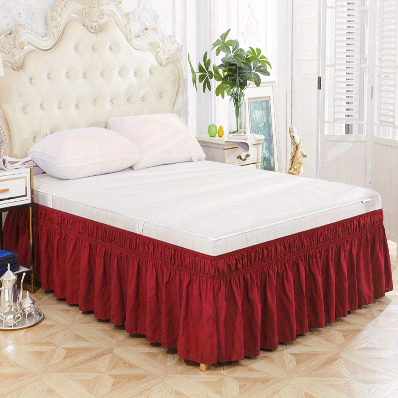 Elastic Bed Skirt in Pure Color, Soft Bedding Supplies, Lotus Leaf Edge Design for Comfortable and Durable Use in Bedroom or Guest Room. Skin-friendly Material.