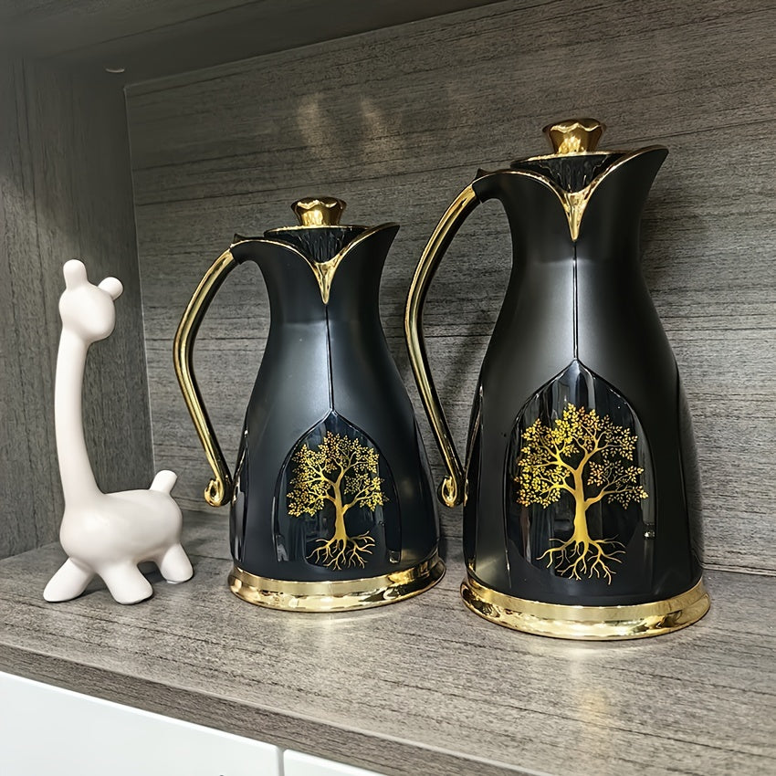 Two Vacuum Insulated Thermal Carafes for Coffee and Tea - Stainless Steel Double-Wall Flasks in 1L and 0.7L sizes, featuring an elegant Golden Tree Design. Keeps beverages hot without the need for electricity.