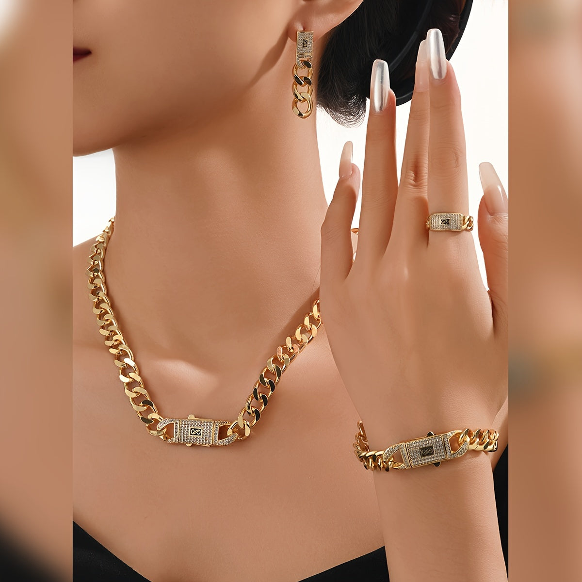 Classy and versatile high-quality copper jewelry set for European and American women, including necklace, earrings, rings, bracelets, and zirconia lock. Perfect for everyday wear, adding elegance and style to any outfit.