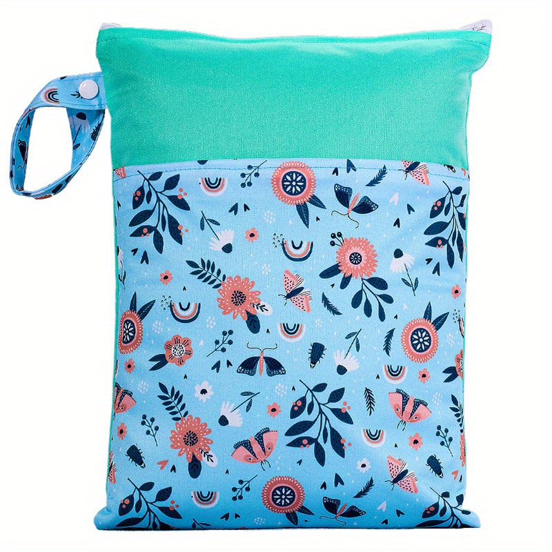 Waterproof multicolor reusable nappies bag with dimensions of 24.99*35.0cm. This wet dry mammy bag features a double pocket, cloth handle, and is a wetbag.