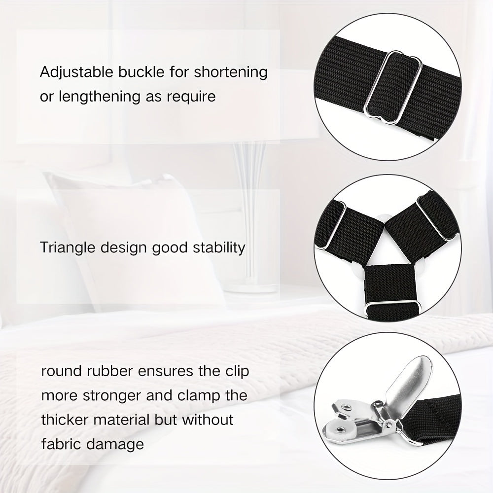 Adjustable Triangle Bed Sheet Holder - Secure Elastic Strap for Sofas and Beds, Black Nylon Grip Strap, Anti-Slip Bed Sheet Clip