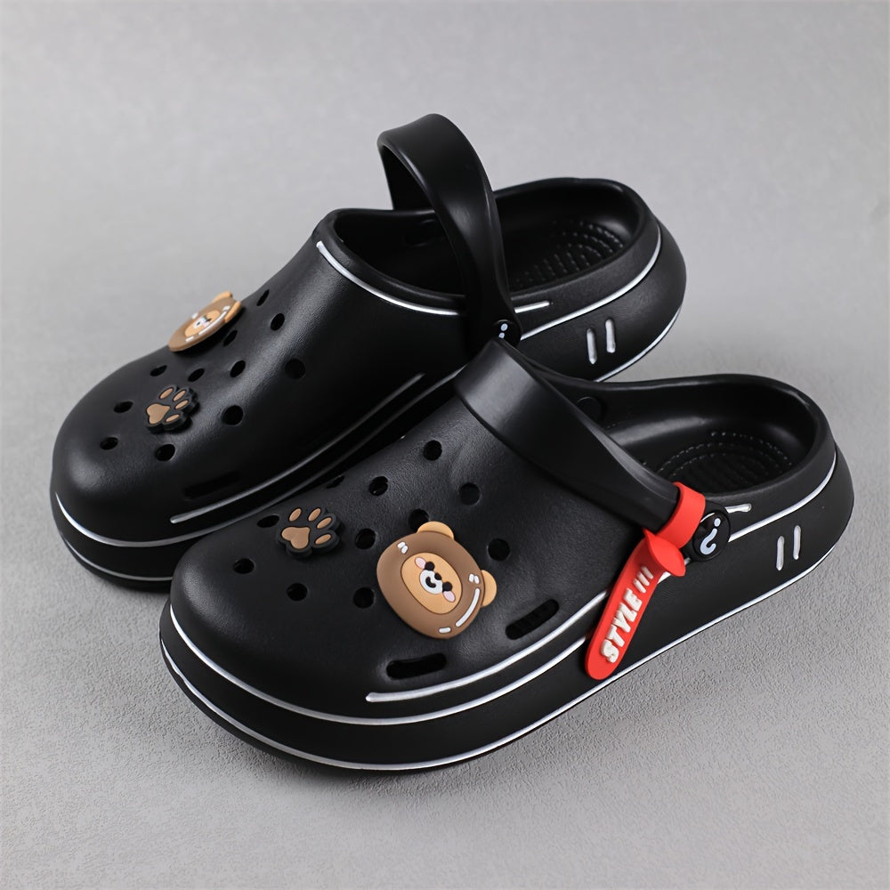 Durable outdoor slippers for boys featuring cartoon theme and comfy sole.