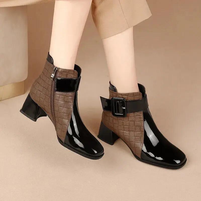 Stylish ankle boots with chunky heel, retro buckle design, side zipper, and comfortable PU cover.