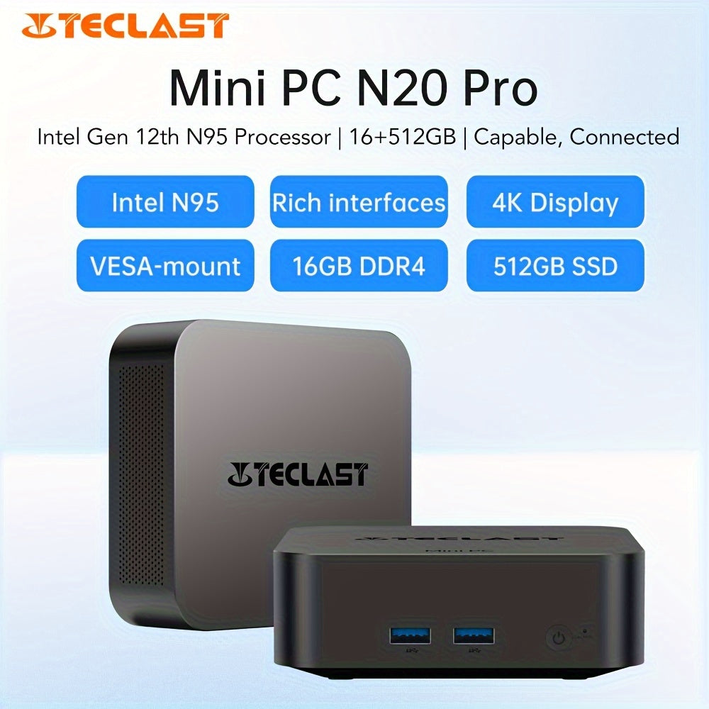 The Teclast N20 Pro Mini PC includes an Intel 12th Gen N95 processor, 16GB DDR4 RAM, and offers 512GB or 1TB NVMe SSD options with Windows 11. It supports 4K display through various