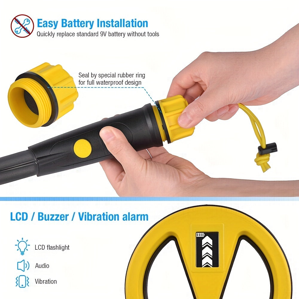 Underwater metal detector with LED & vibration alerts, ideal for diving & snorkeling, batteries not included.