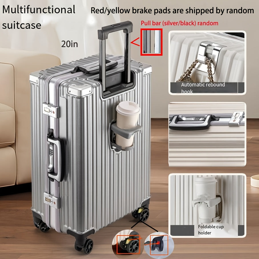 Spinner wheel carry-on luggage with aluminum frame, cup holder, and phone holder - 50.8cm.