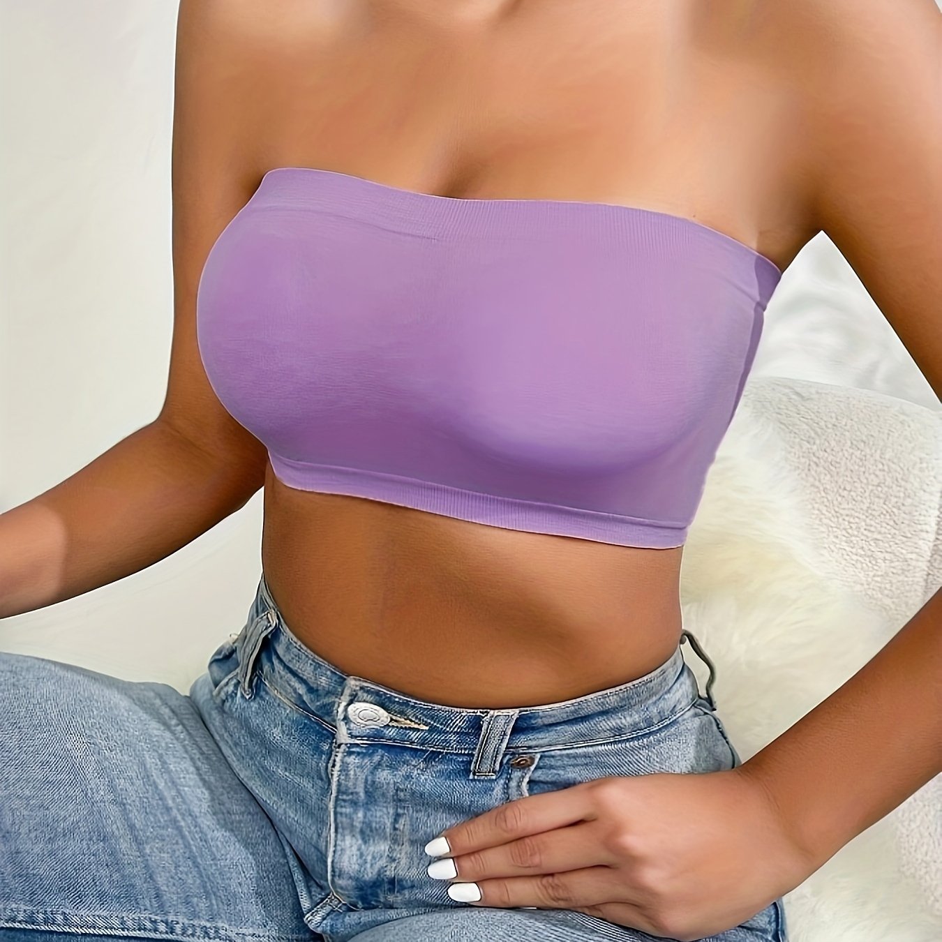 Solid anti-slip wireless bandeau top with push-up bra, comfy and casual lingerie for women.