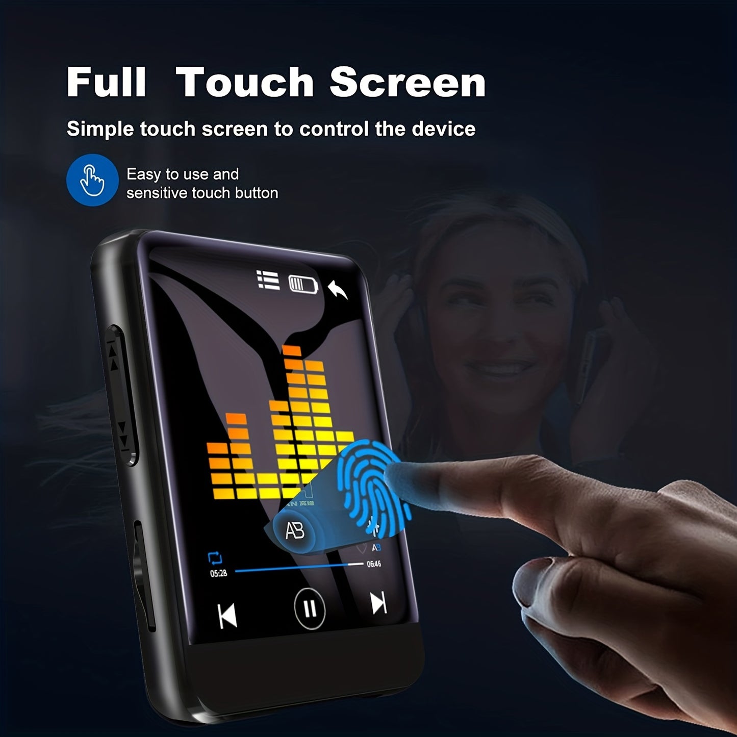 Portable MP3 player with 64GB storage, full touch screen, HD speaker, FM radio, voice recorder; sleek design for travel, sports, and video playback.