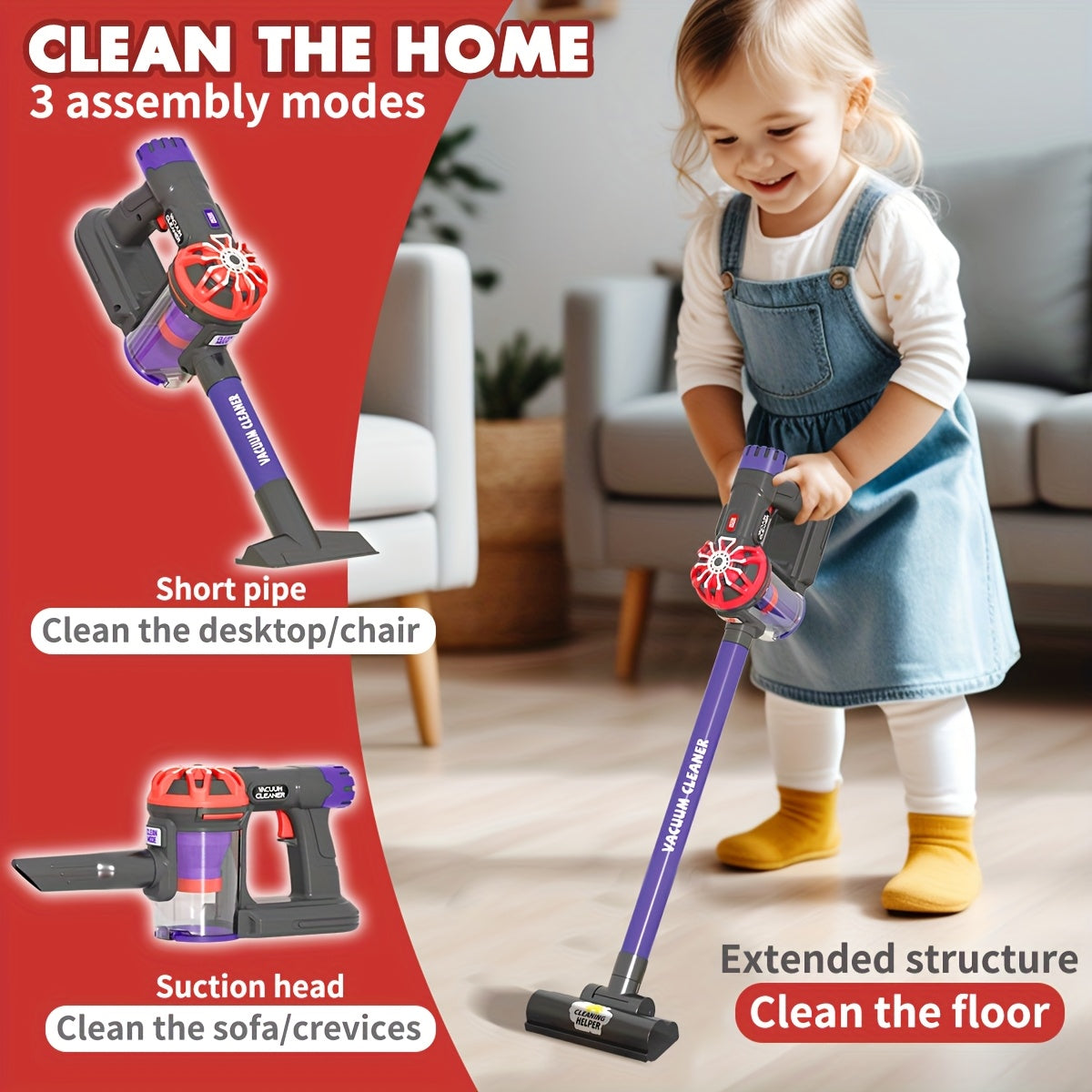 3-In-1 cordless vacuum toy set with real suction power, ideal for pretend play and cleaning - great holiday gift for kids.