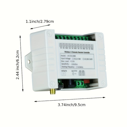 1 dona 433MHz simsiz relé RF masofadan boshqarish kalit qabul qilgichi, 4 kanalli, devorga o'rnatiladigan, zarba qarshi, kompyuterlar uchun, suvga chidamli emas, simli, ≤36V, DC 12V 24V 36V 10A, to'q sariq uzatgich