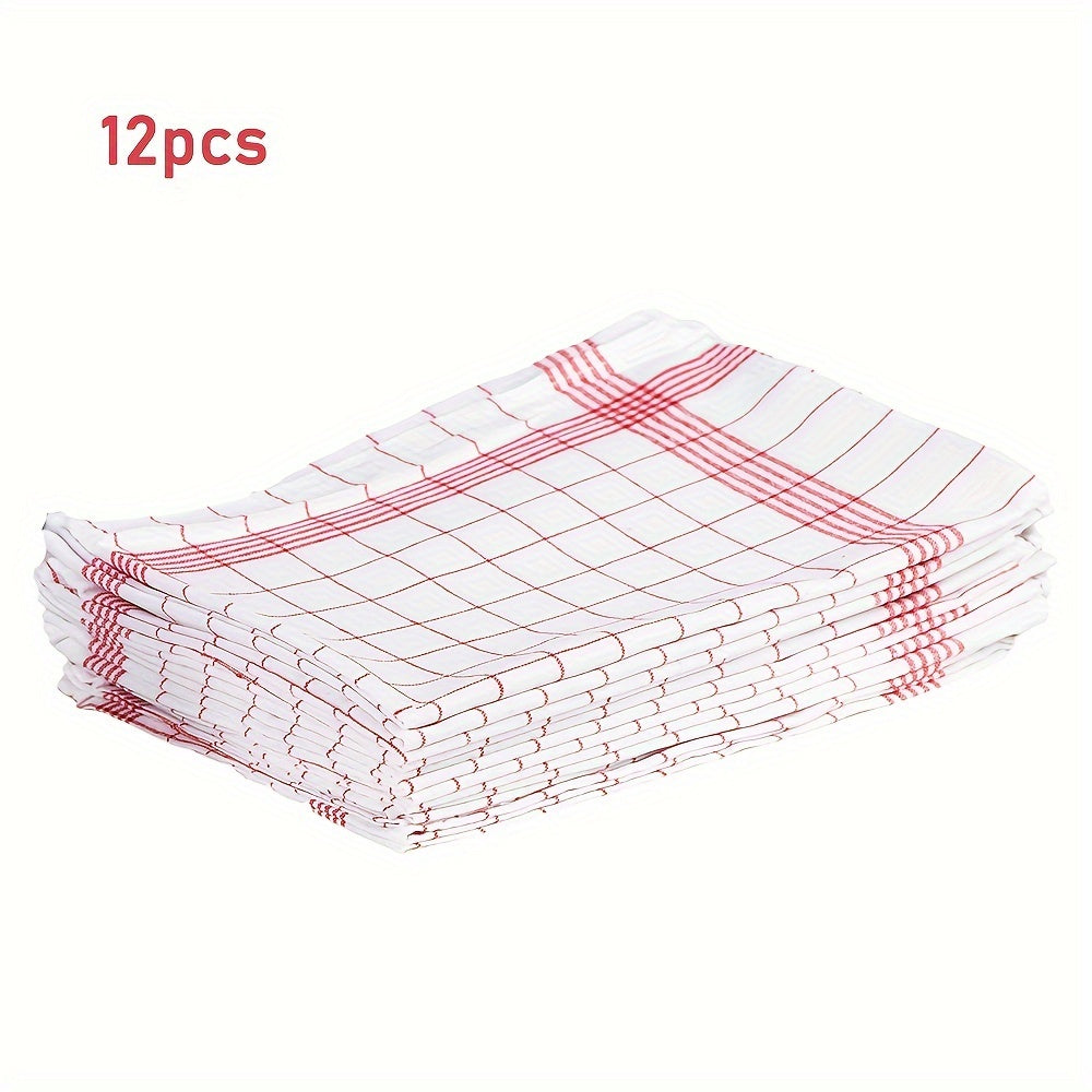 6/12pcs Dishcloths in 2 colors with Fabric Striped and Chequered Kitchen Towel designs (Blue Check and Red Check) for Kitchen and Restaurant use. Great kitchen supplies.