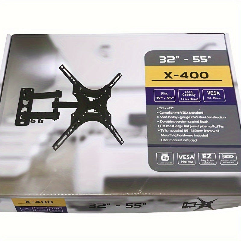 Single Pack Full-Motion TV Wall Mount Bracket with Articulating Arm, Tilt and Extend, for 32-55 Inch LED, LCD, Flat & Curved Screens, Max VESA 400x400mm, Metal Construction, Fixed Mounting, No Wood Required