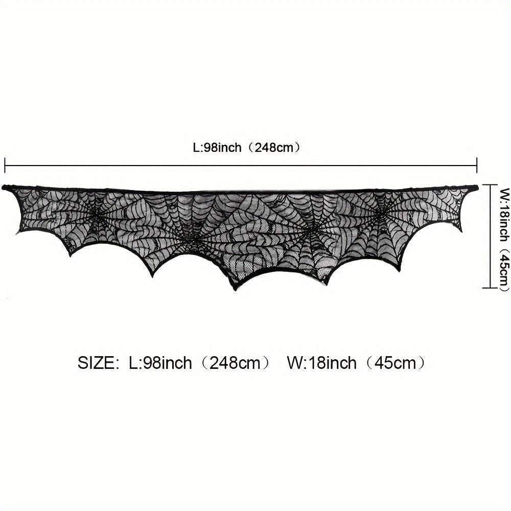 Black lace fireplace scarf with spiderweb design for Halloween - Decorative mantel cover to accessorize your fireplace - Perfect for seasonal festivities and parties - Measures 50.8x200.66 cm