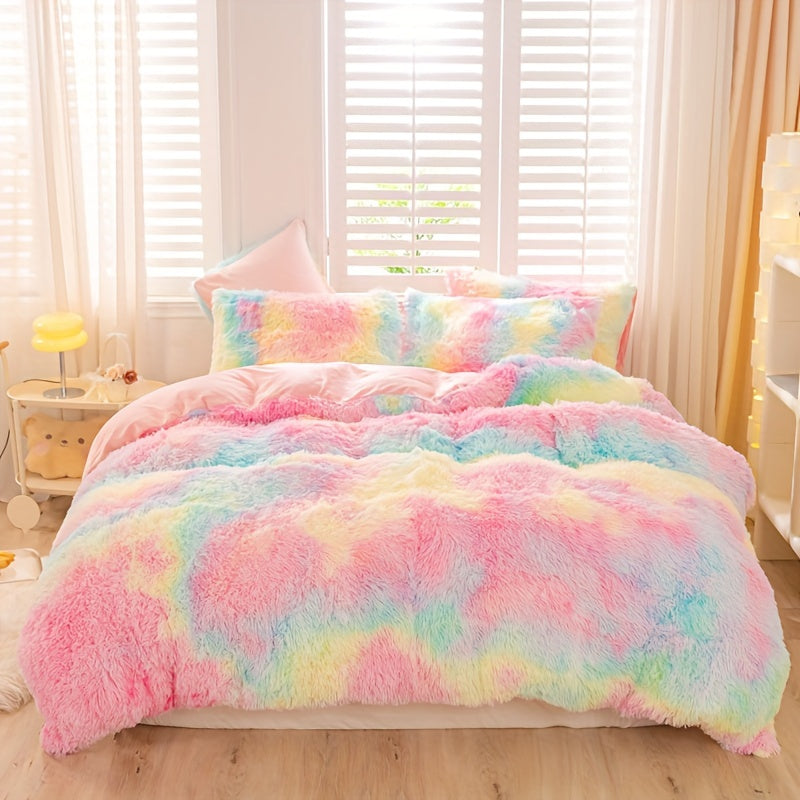 Y2K Tie Dye Plush Duvet Cover Set includes 3 pieces (1 Duvet Cover + 2 Pillowcases), providing soft and warm bedding.