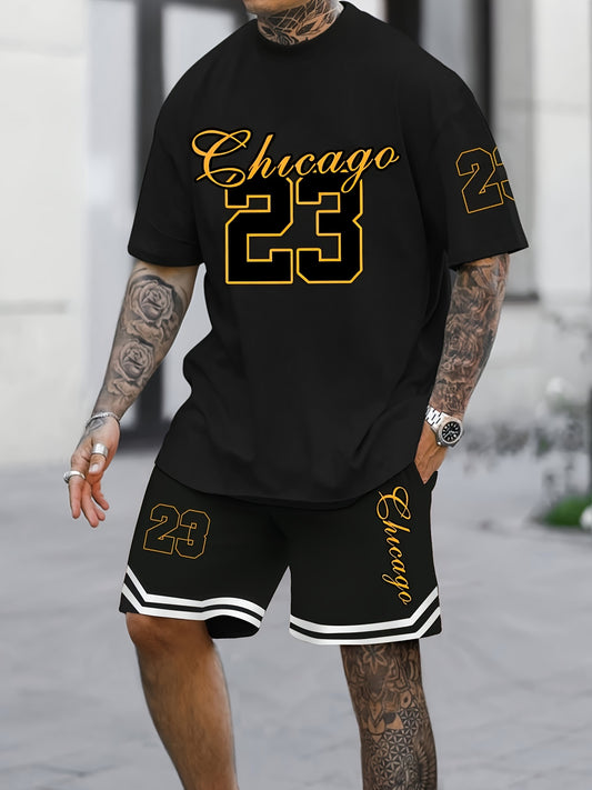 Men's summer fashion two-piece set featuring jersey number 23 print short-sleeve shirt and black sports shorts with pockets and drawstring. Comfortable, easy to care for fabric that is