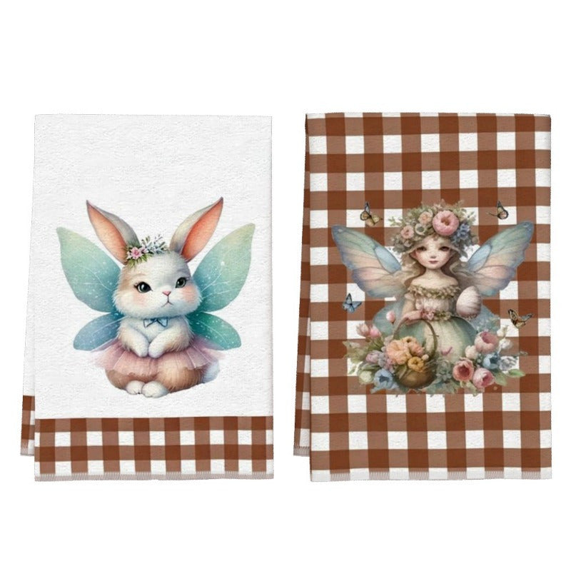 Set of 2 Enchanting Rabbit & Floral Fairy Kitchen Towels - 45.72x66.04cm Soft, Absorbent Polyester Dish Towels featuring Gingham Borders | Whimsical Design perfect for Home Decor & Gifts, Festive Fairy Themed Dish Towels | Durable and Stylish Addition to