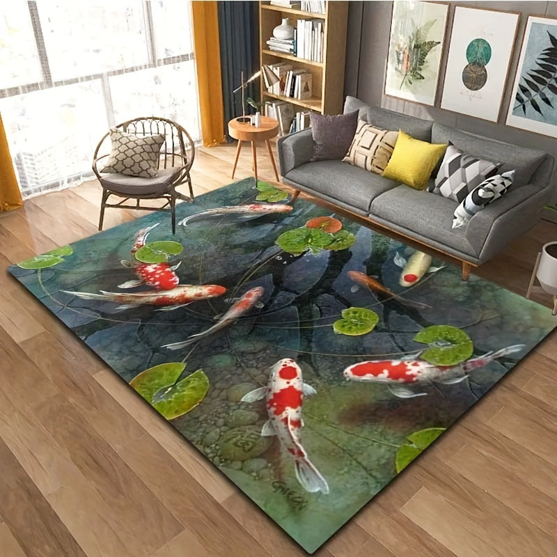 Transform your space with this stunning Koi fish pond design area rug. Made from polyester flannel, this non-slip and washable floor mat is luxuriously soft with a thickness of 1cm. Perfect for the living room, kitchen, or doorway entrance, this