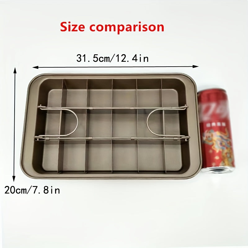 Cake Pan With Dividers, 1 piece, measures 30.99cm X 19.51cm. Also includes a Mini Loaf Pan and a Non-Stick Square Muffin Pan. This Bakeware set is essential for your baking needs and is suitable for use in the oven. Perfect addition to your Kitchen