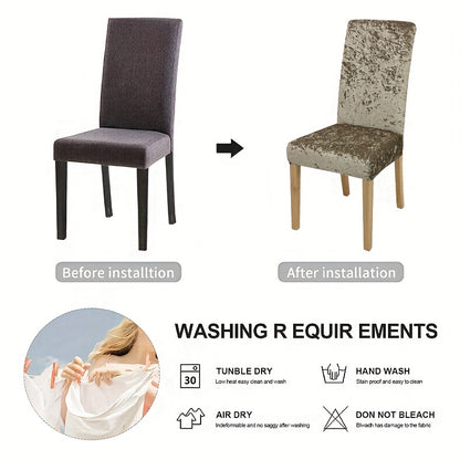 Velvet dining chair slipcovers add elegance while protecting furniture.