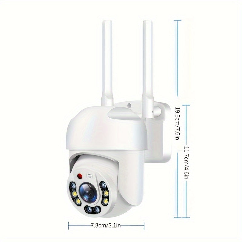 Outdoor Wifi CCTV camera with automatic tracking, full-color day and night monitoring, AI motion detection, two-way voice intercom, and 360-degree panoramic view.