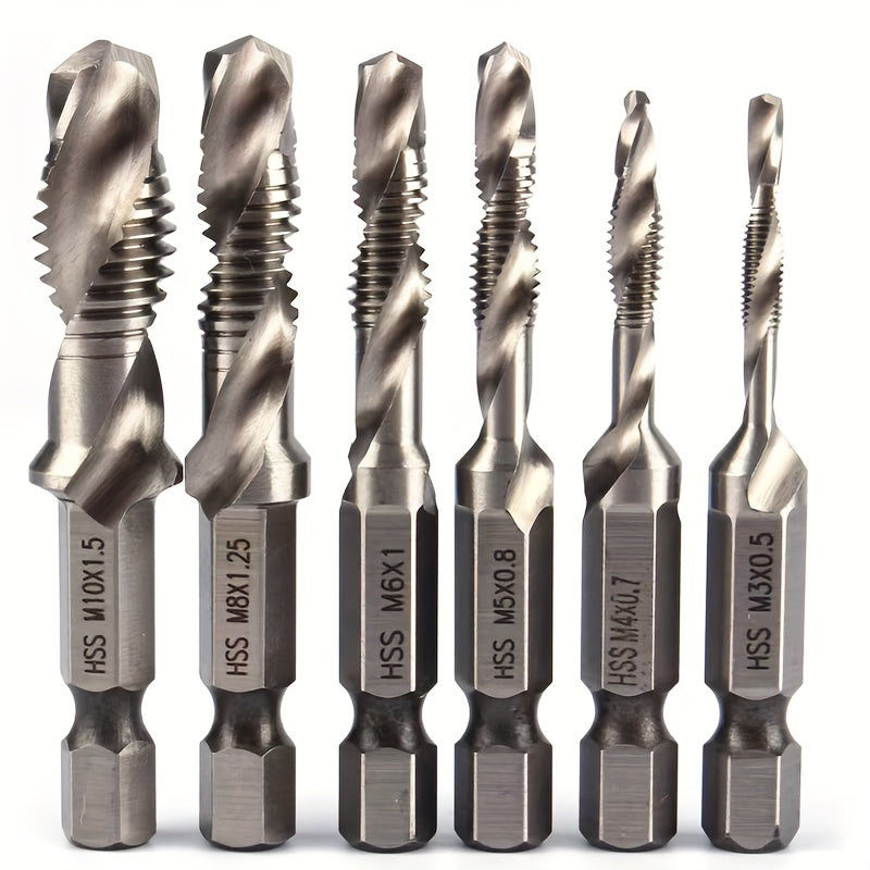 6 piece titanium drill and tap bit set with 1/4" hex shank for high-speed steel and metric threads M3-M10, suitable for screw tapping and countersinking. Combination bit and drill bits