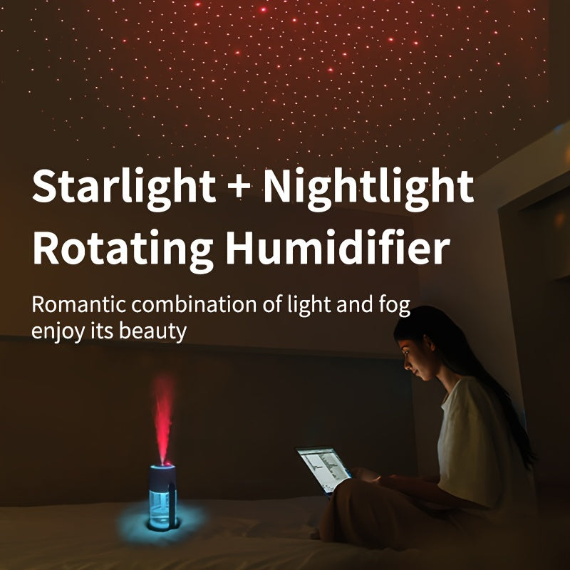 1pc USB-powered ultrasonic humidifier aromatherapy diffuser with 280mL capacity, starry sky projector top, and dual spray patterns. Small size suitable for home, office, or travel.