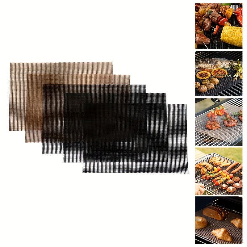 5 pieces of BBQ grill grid mats consisting of 3 black mats and 2 brown mats. These outdoor BBQ grilling mats are made of Teflon non-stick material that is high temperature resistant. They can be used for grilling fish, shrimp, and meat without sticking.