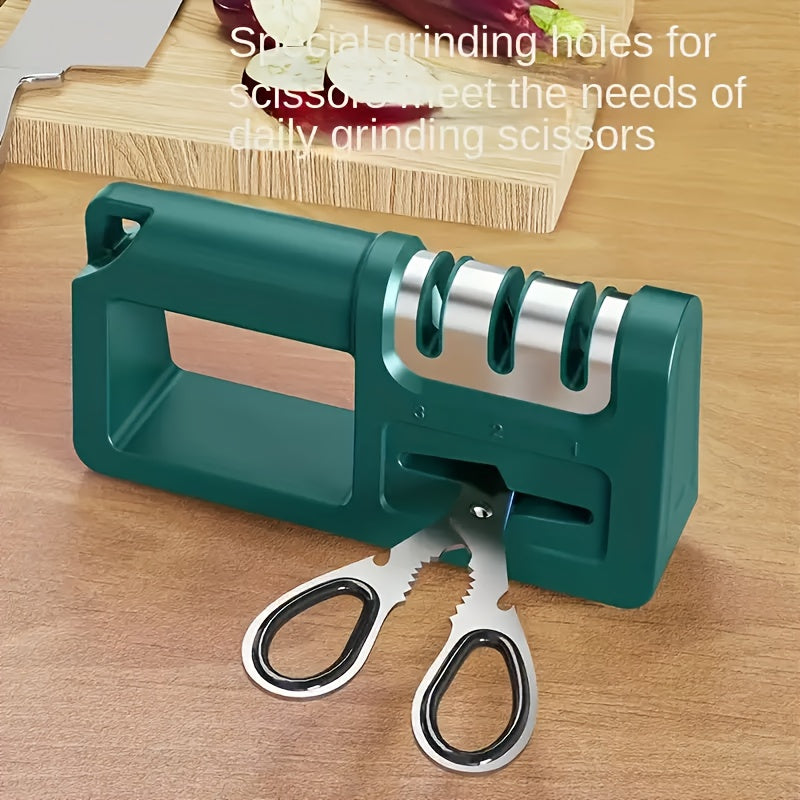 Upgrade your kitchen essentials with the 1pc Diamond 4-in-1 Knife Sharpener. This manual stainless steel sharpening tool is perfect for kitchen knives, scissors, and blades. Its durable plastic construction means no electricity is needed, making it ideal