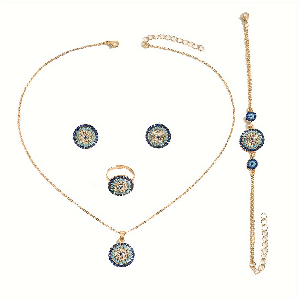 Women's jewelry set includes a geometric round necklace, ring, bracelet, and earrings, all crafted from alloy with rhinestone inlay. This vintage ethnic style set is a versatile fashion accessory perfect for daily wear and gift-giving, suitable for all