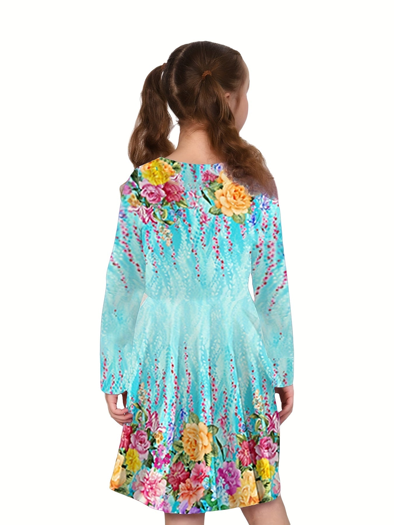 Stylish girls' long sleeve dress with bright floral print - made of stretchy, machine washable polyester for fall/winter.