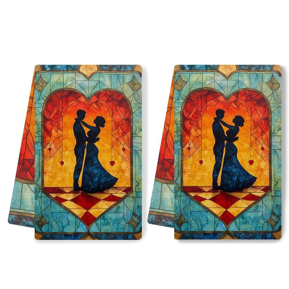 This collection includes two luxuriously soft kitchen towels showcasing an enchanting scene of a couple learning to dance in a class. The intricate artwork captures the pair mastering new steps under the guidance of their instructor, all set on a dance