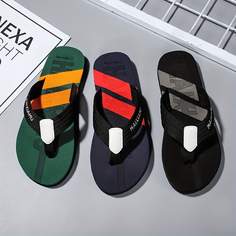 Ultra-soft men's flip-flops in green, black, and white with rubber sole for indoor/outdoor comfort.