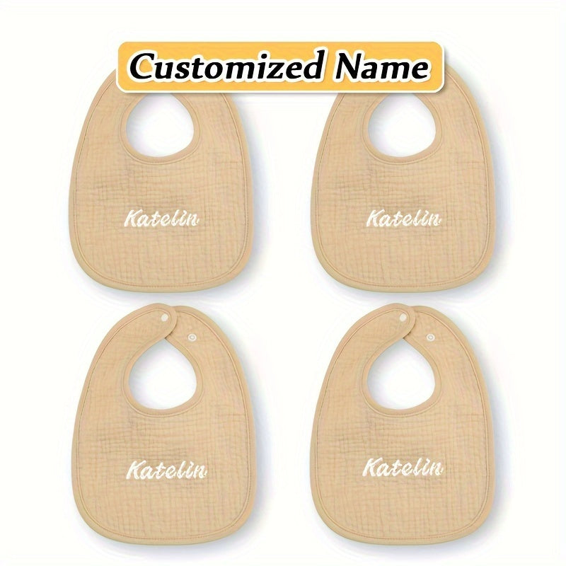 Set of four custom bibs with personalized names - made of soft, breathable, and highly absorbent material with adjustable snap closure. Perfect for newborns and makes a great gift for Christmas, New Year, or Halloween.