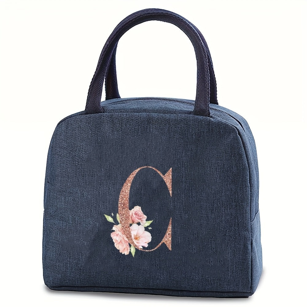 Insulated lunch bag with monogram, featuring a rose gold design. Made of waterproof, leakproof, BPA-free polyester material. Includes a square thermal food storage compartment with an ice compartment. Easily washable by hand. Perfect for school, office